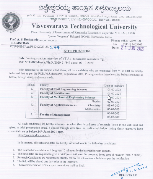 VTU ETR Pre-registration Interview for Exempted candidates